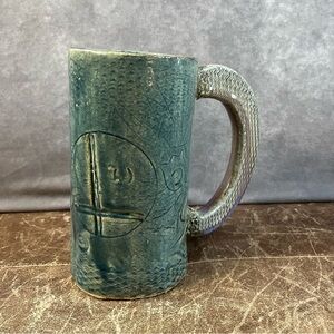 Handmade Art Pottery Large Heavy Mug Stein Signed Primitive Viking Vibe Teal